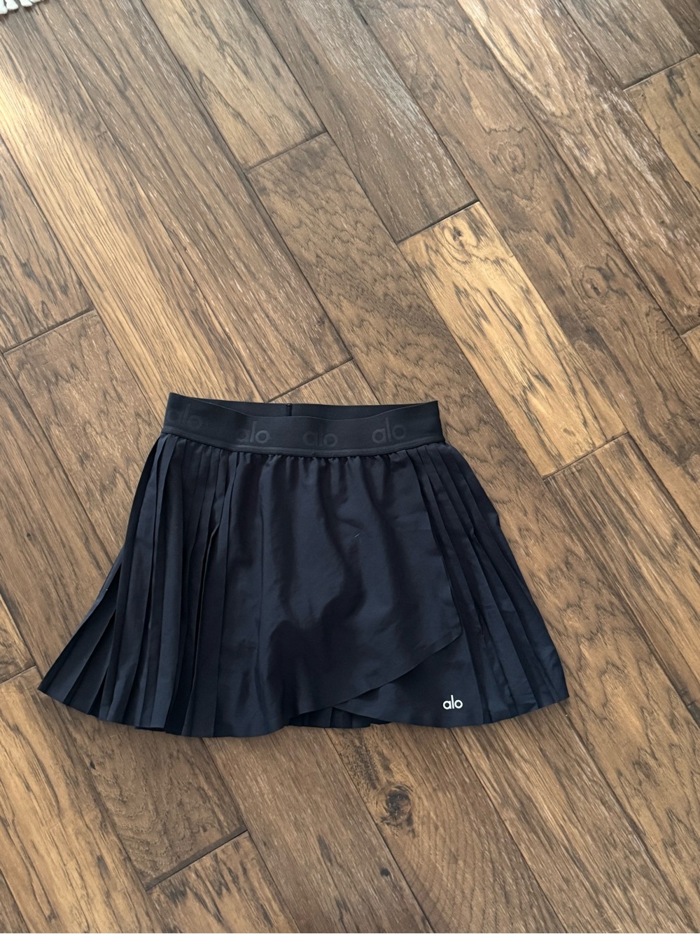 ALO Yoga Black Pleated Skater Skirt with Logo Waistband